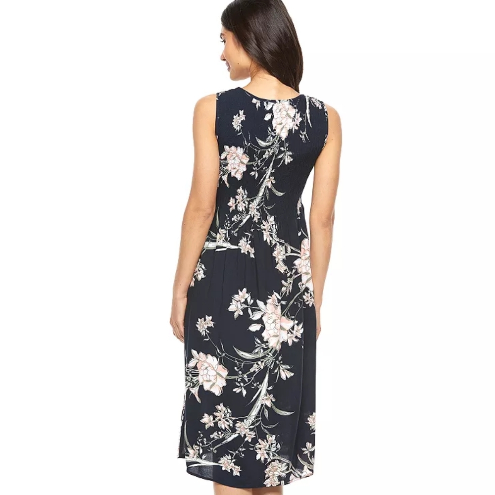 Floral Sleeveless Dark Navy Blue Dress
